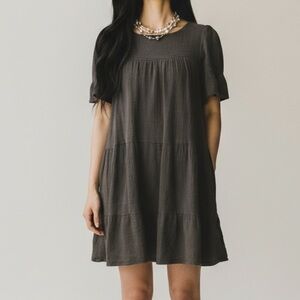 Olivaceous Ruffle Short Sleeve Textured Tiered Dress